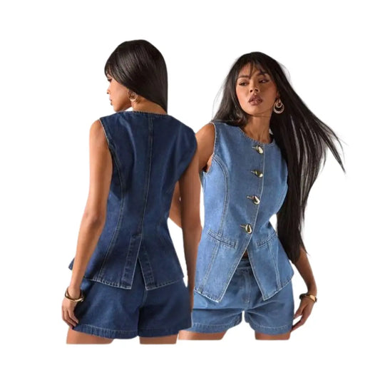 Gilet Jeans Mujer con Botones Dorados – Chic y Versátil para Primavera/Verano