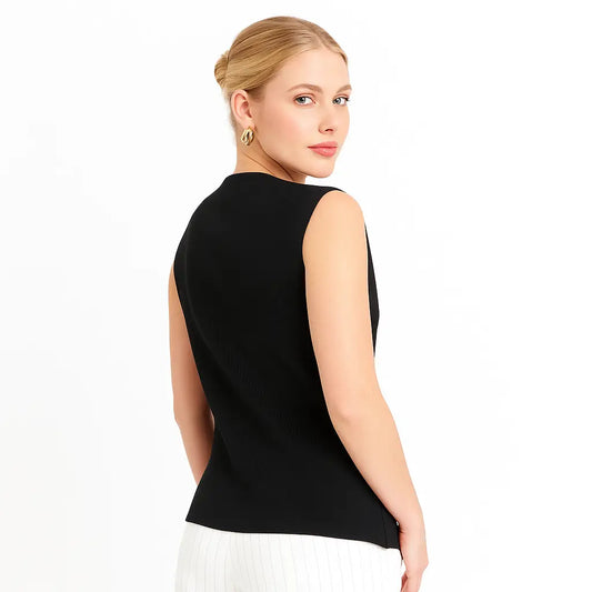 Gilet Mujer Largo Tejido color Negro con Botones Dorados