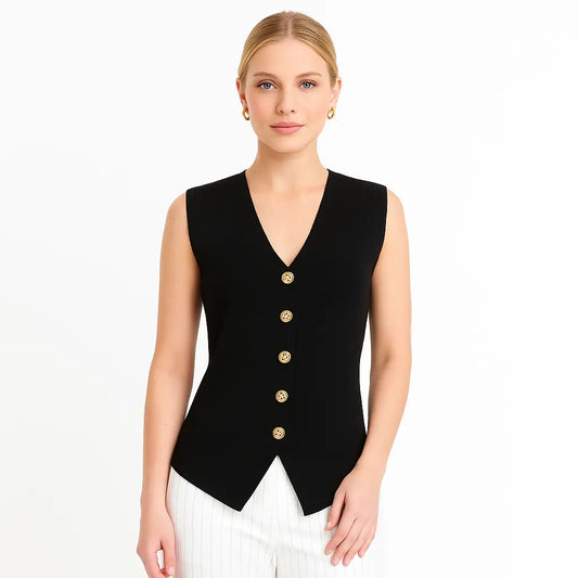 Gilet Mujer Largo Tejido color Negro con Botones Dorados