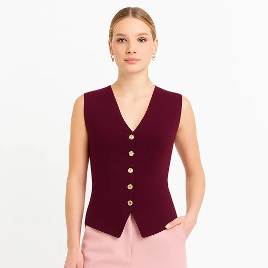 Gilet Mujer Largo Tejido color Burdeo con Botones Dorados