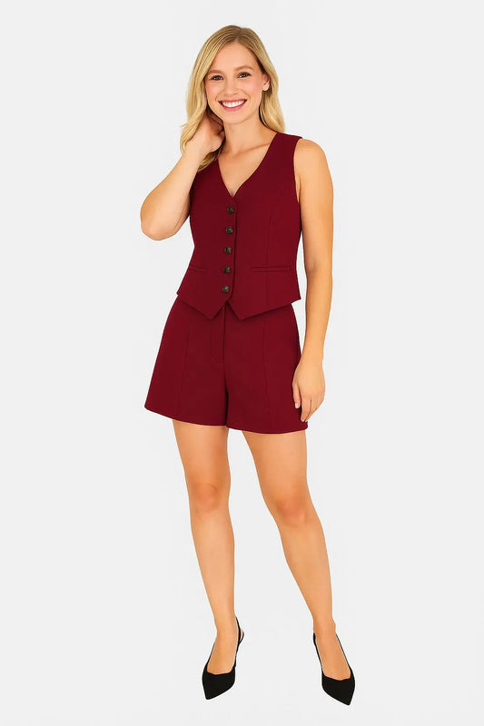 Conjunto de Dos Piezas Mujer Burdeo Gilet y Short Sastrero