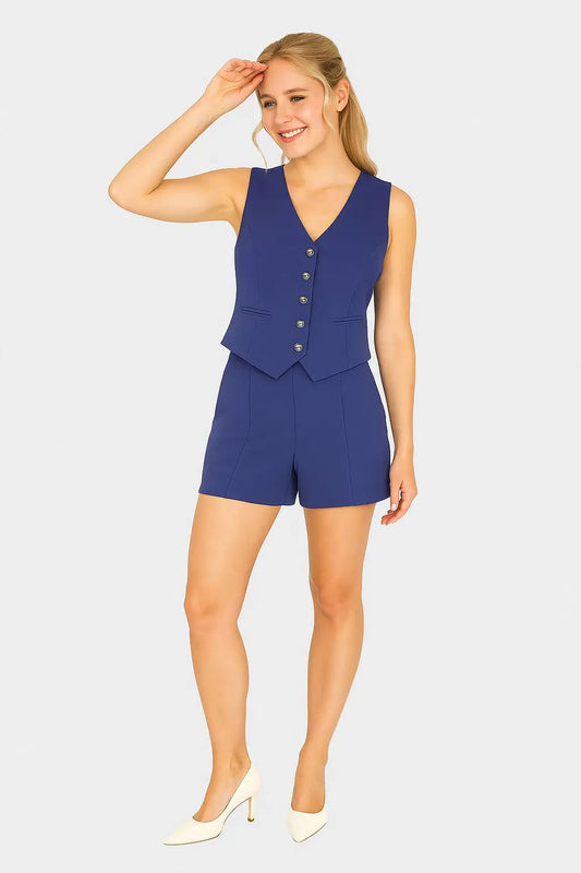 Conjunto de Dos Piezas Mujer Azul Gilet y Short Sastrero