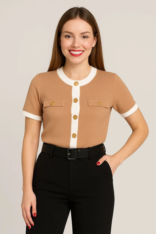 Top de Punto Camel con Botones Dorados – RIAVVIARE®