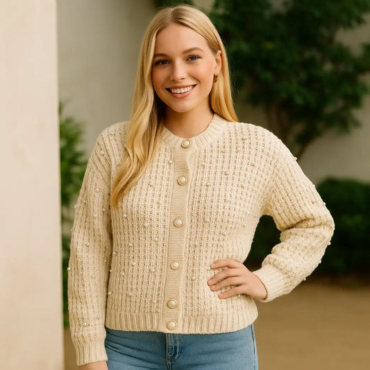 Cardigan de muejr grueso con Perlas – Abrigo con estilo y elegancia femenina