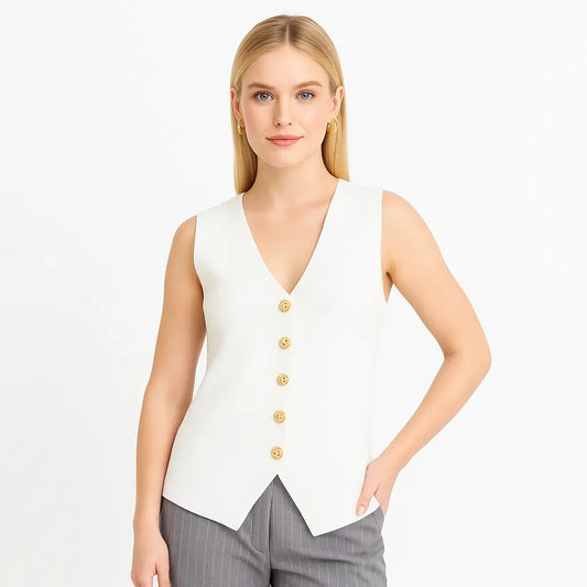 Gilet Mujer Largo Tejido color Blanco con Botones Dorados