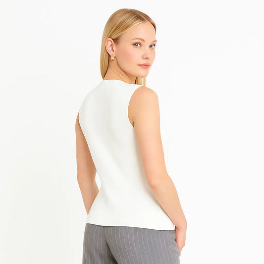 Gilet Mujer Largo Tejido color Blanco con Botones Dorados