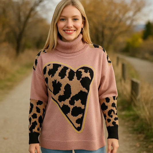 Sweater Delgado Oversize Cuello Tortuga Corazón