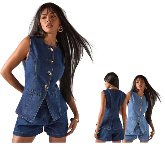 Gilet Jeans Mujer con Botones Dorados – Chic y Versátil para Primavera/Verano