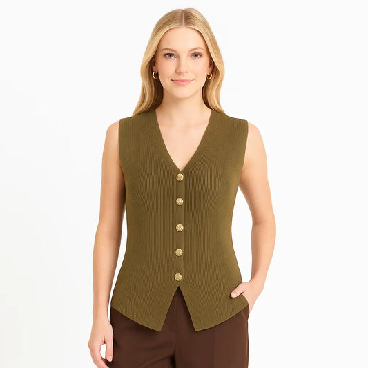 Gilet Mujer Largo Tejido color Negro con Botones Dorados