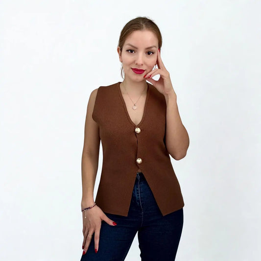 Gilet Mujer Tejido Marrón con Dos Botones Dorados
