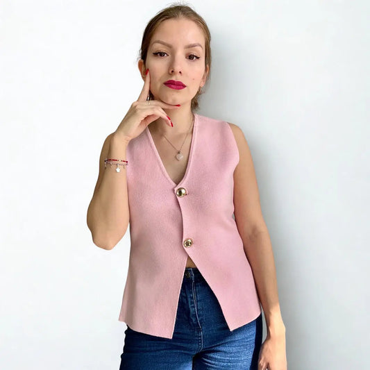 Gilet Mujer Tejido Rosado con Dos Botones Dorados