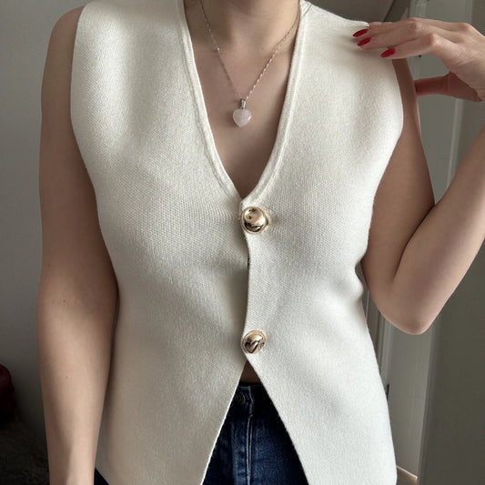 Gilet Mujer Tejido Beige con Dos Botones Dorados