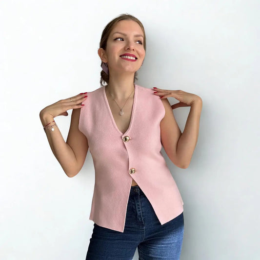 Gilet Mujer Tejido Rosado con Dos Botones Dorados
