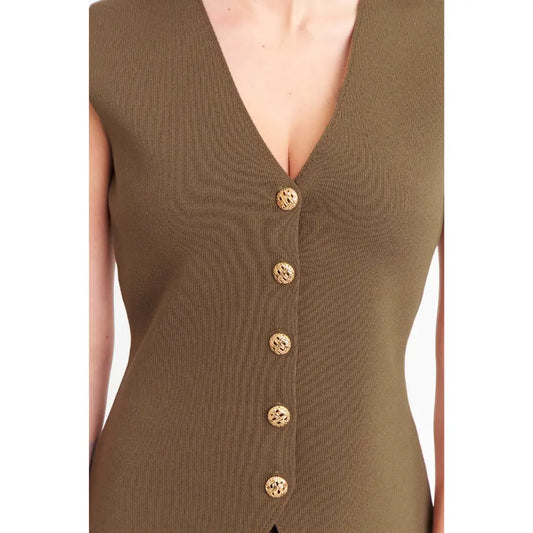 Gilet Mujer Largo Tejido color café con Botones Dorados